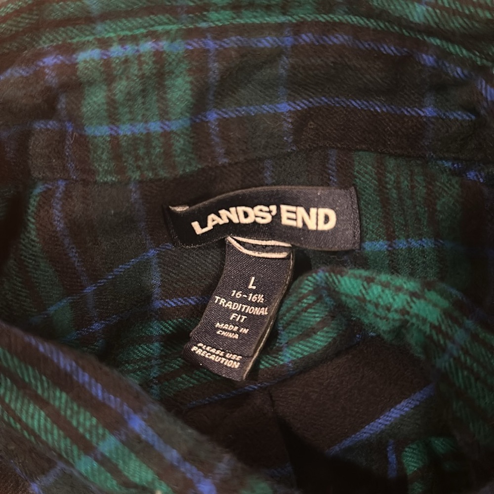 Lands’ End Evergreen Blackwatch plaid cotton flannel traditional fit shirt L - Picture 2 of 7